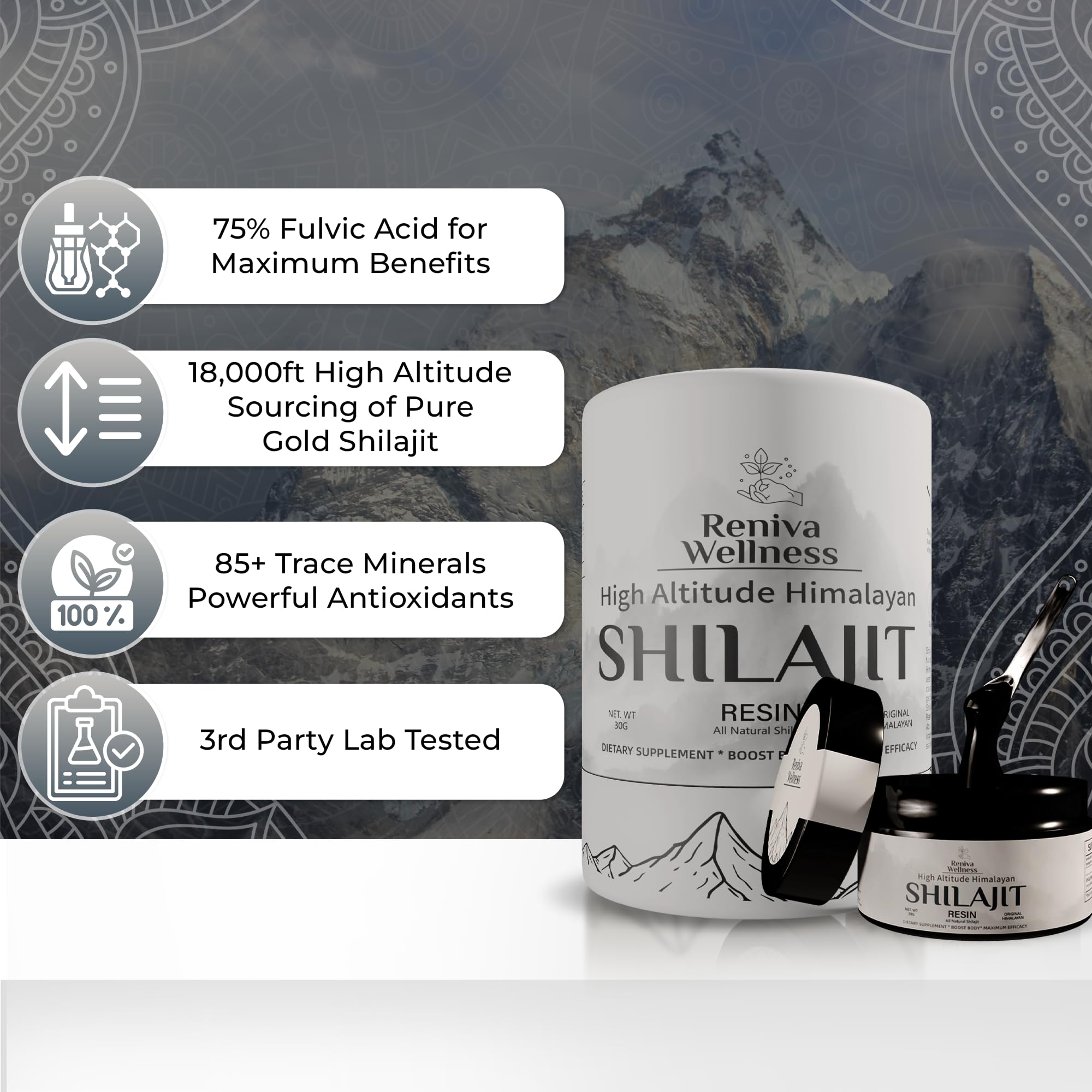 Stainless steel dosing spoon with Reniva Shilajit Resin for precise use.