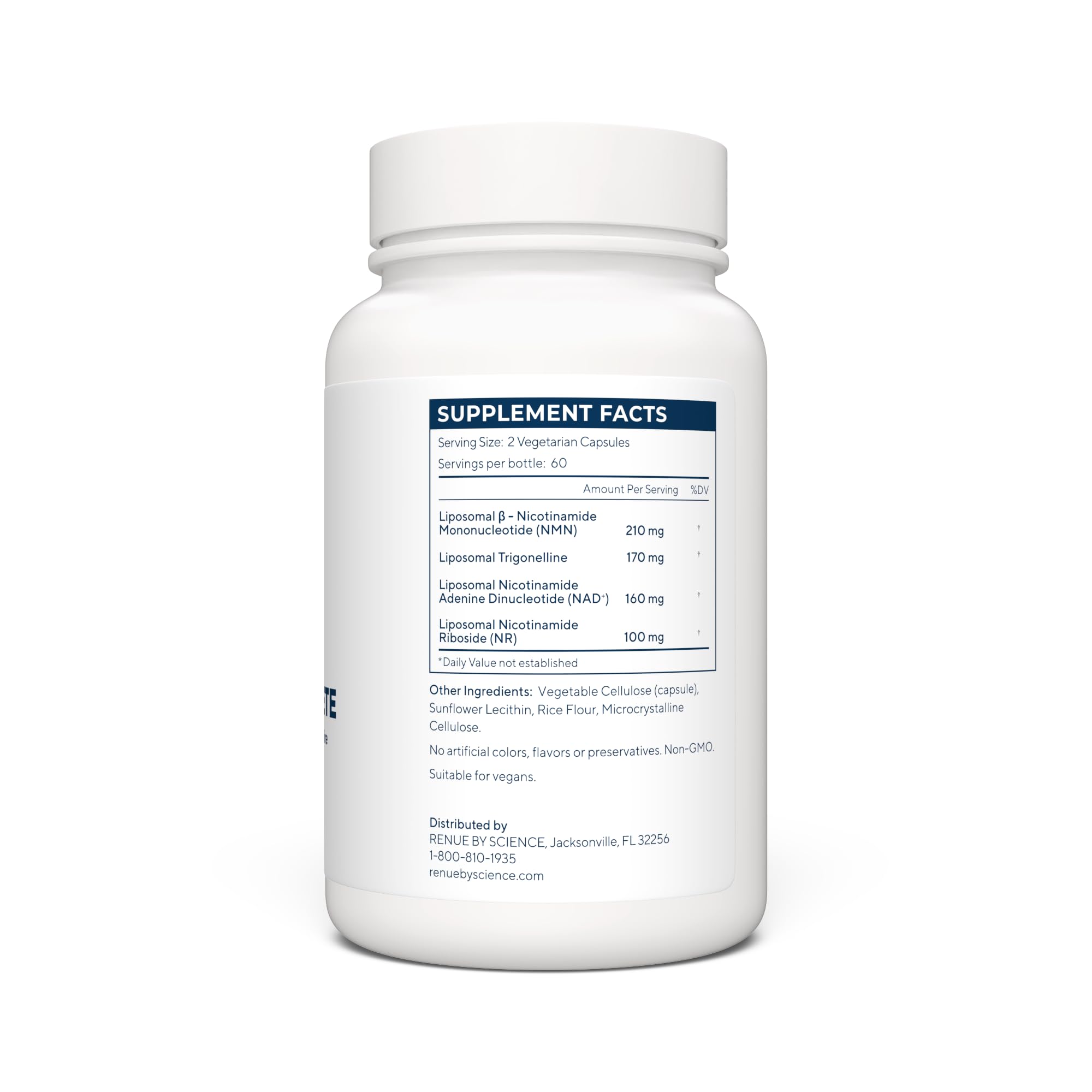 Renue By Science 4-in-1 formula graphic highlighting NMN NR NAD Trigonelline