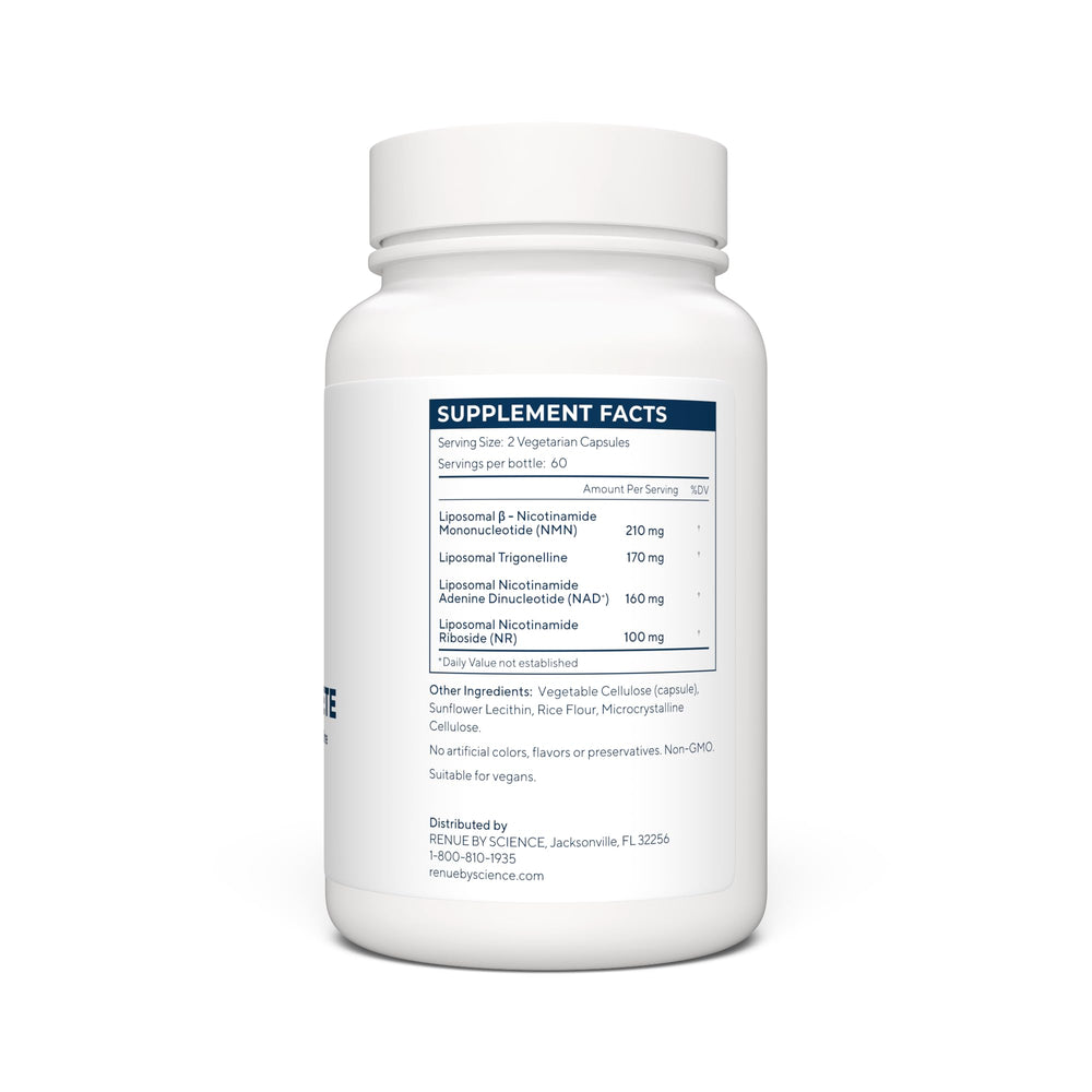 Renue By Science 4-in-1 formula graphic highlighting NMN NR NAD Trigonelline