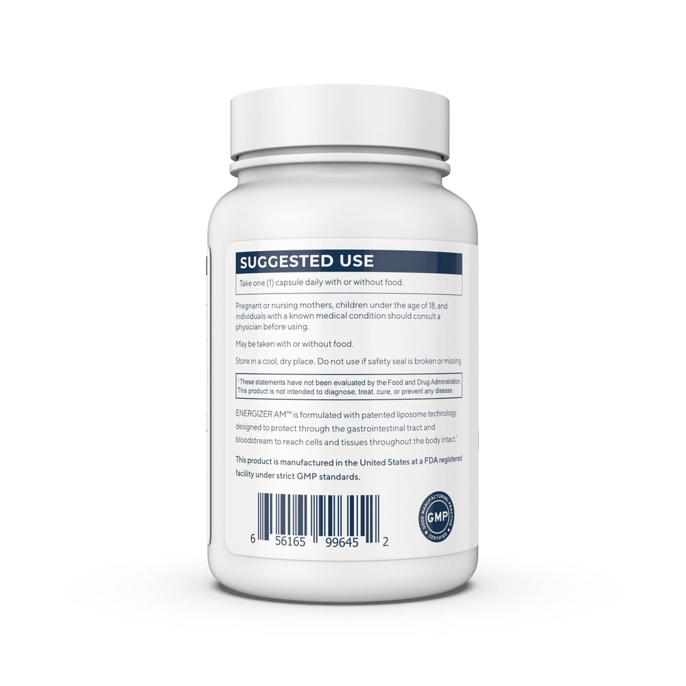 Energizer AM label highlights trans-resveratrol, hesperidin, and green tea benefits.