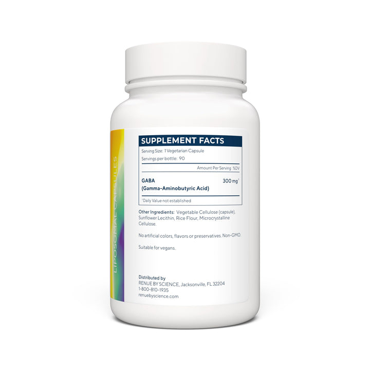 Renue By Science GABA bottle label close-up highlighting non-GMO quality.