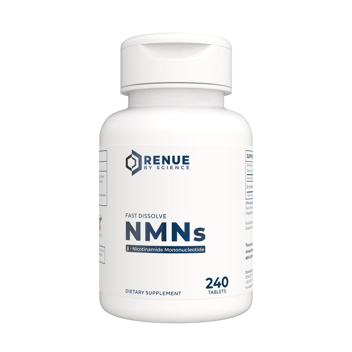 Renue By Science NMN fast-dissolve tablets in lemon bottle for on-the-go use.