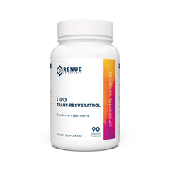 Renue By Science Resveratrol bottle front view highlighting high-strength liposomal formula for daily wellness