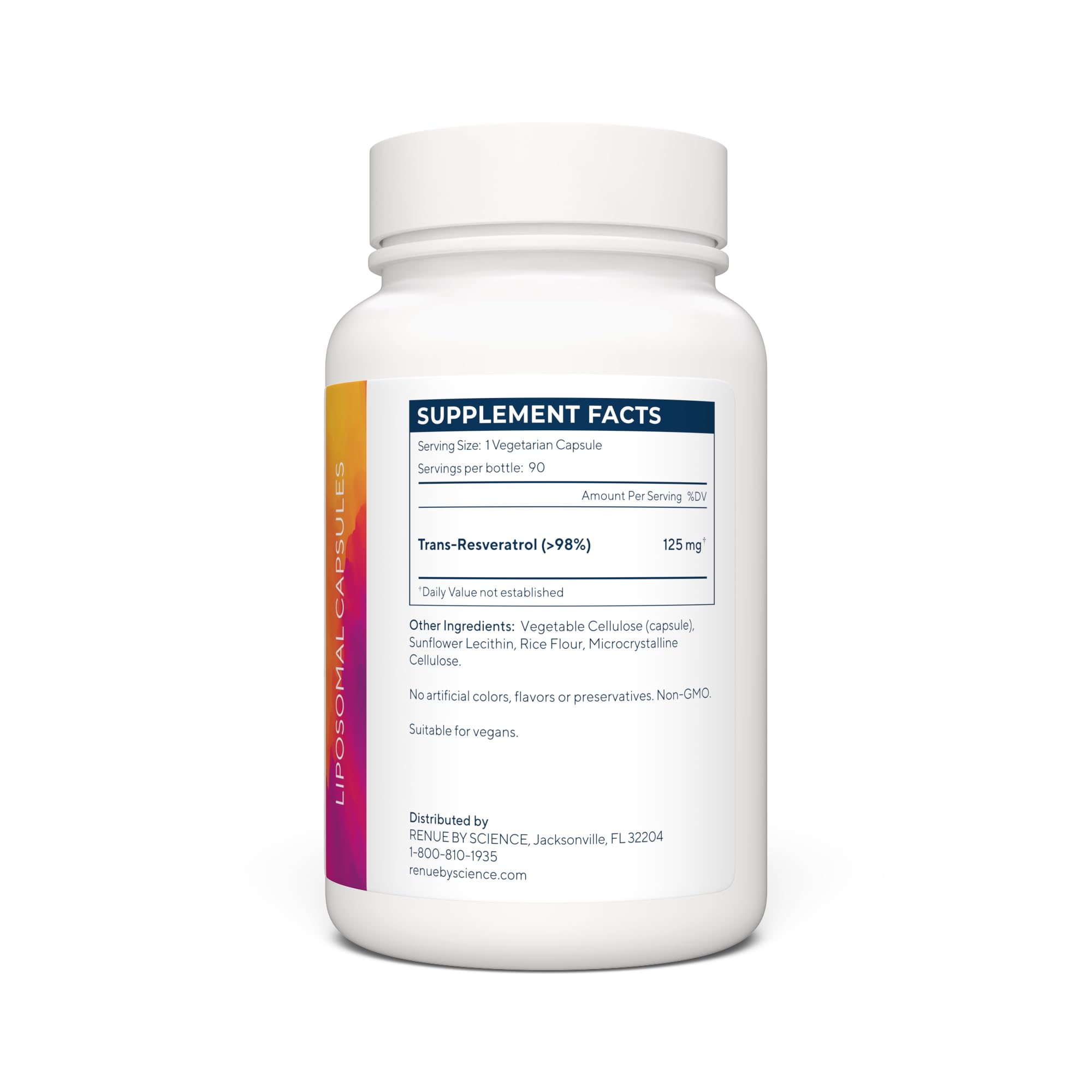 Renue By Science Resveratrol capsules close-up showing 125 mg per serving