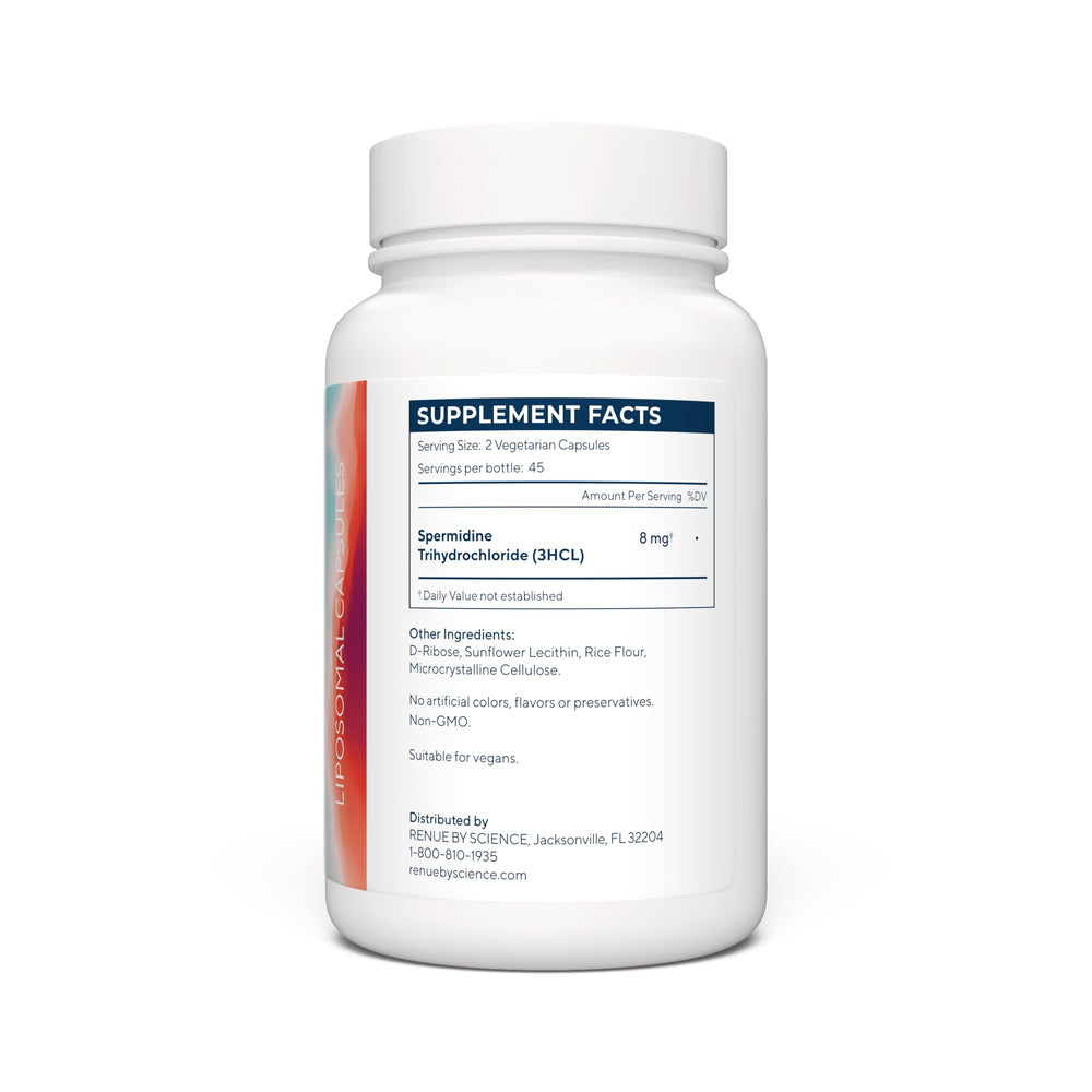 Renue By Science spermidine capsules close-up highlighting easy-to-swallow form.