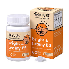 Renzo's Bright and Brainy Vitamin B6 bottle front, orange flavor packaging.