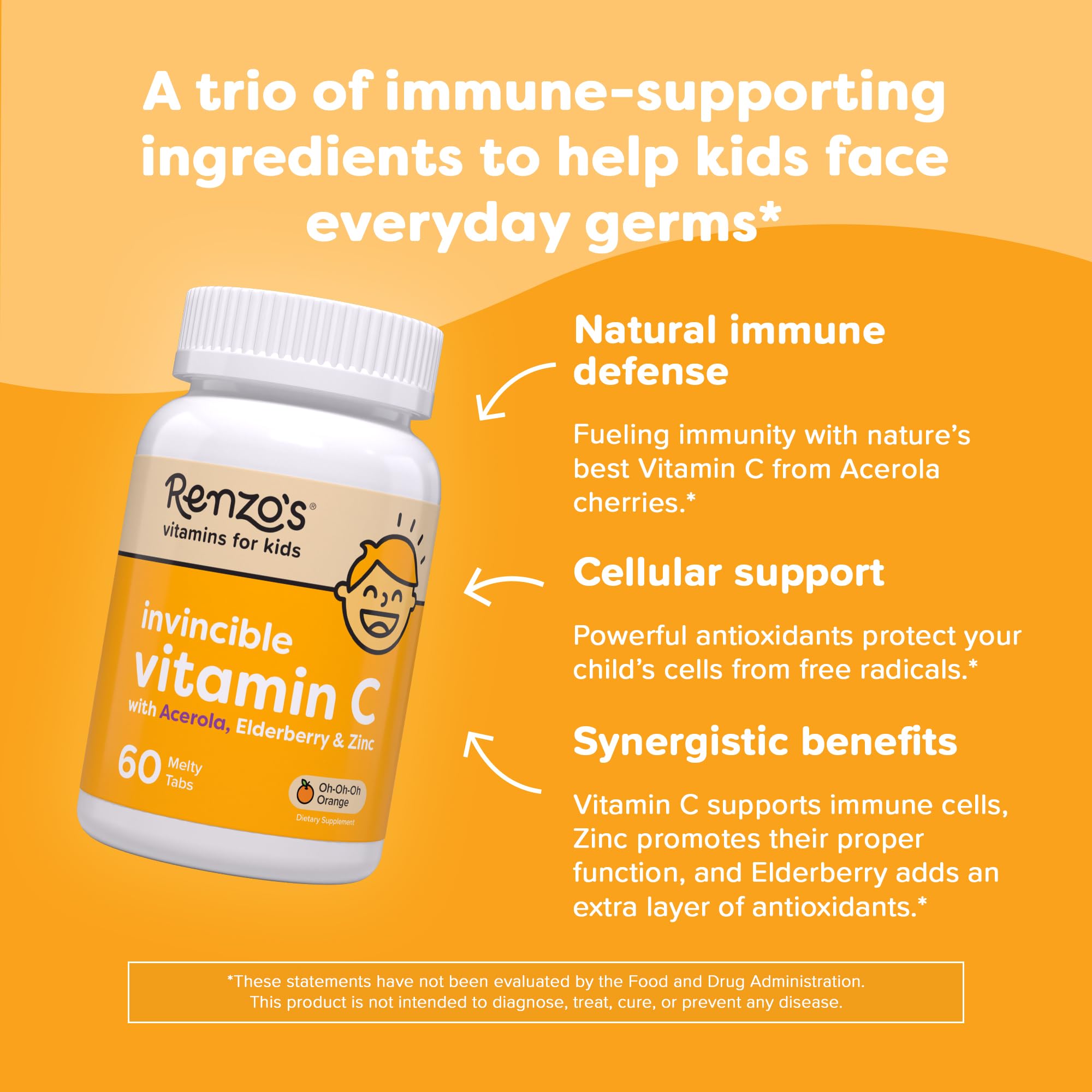 Renzo's dissolvable kids vitamins orange flavor, melts in mouth for easy consumption.