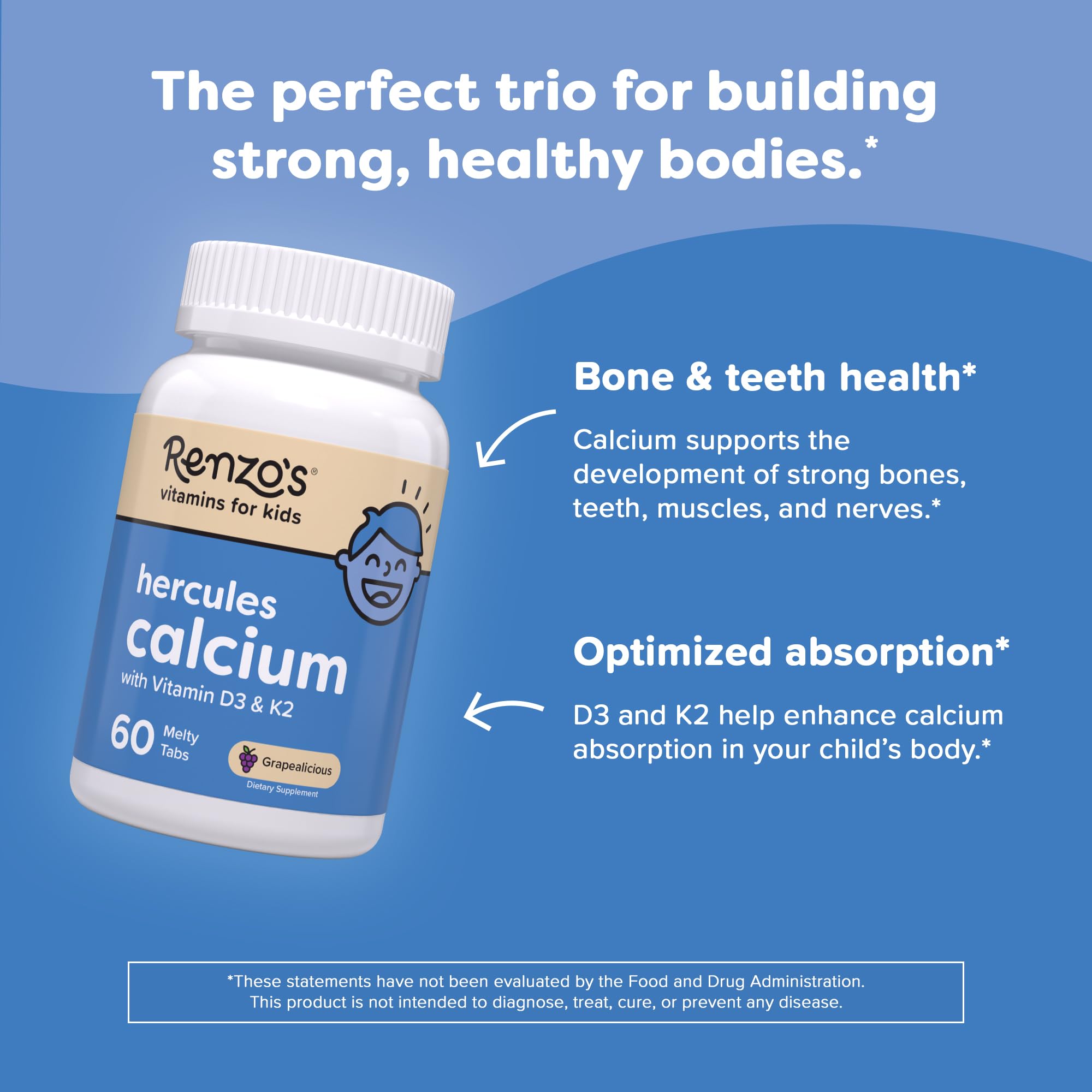 Renzo's Hercules label highlights calcium, D3 and K2 for bone health.