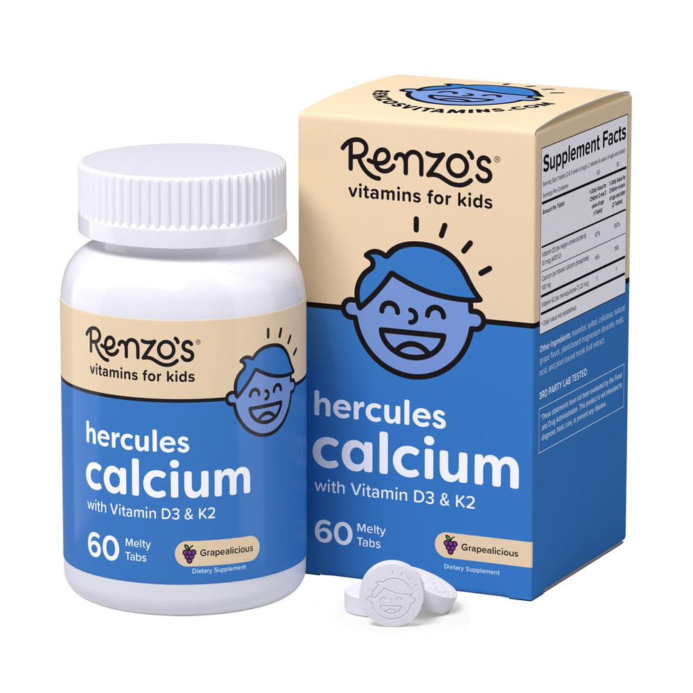 Renzo's Hercules calcium melty tabs grape bottle shows kid-friendly bone-strength support.