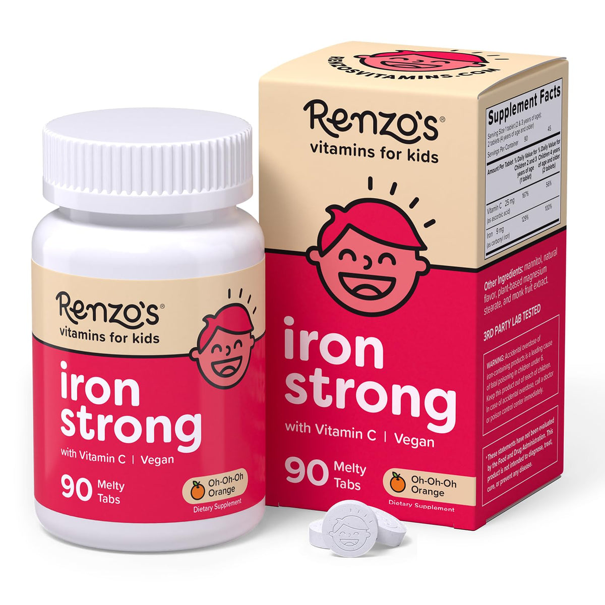 Renzo's kids iron melts in orange flavor dissolving on tongue for easy daily use