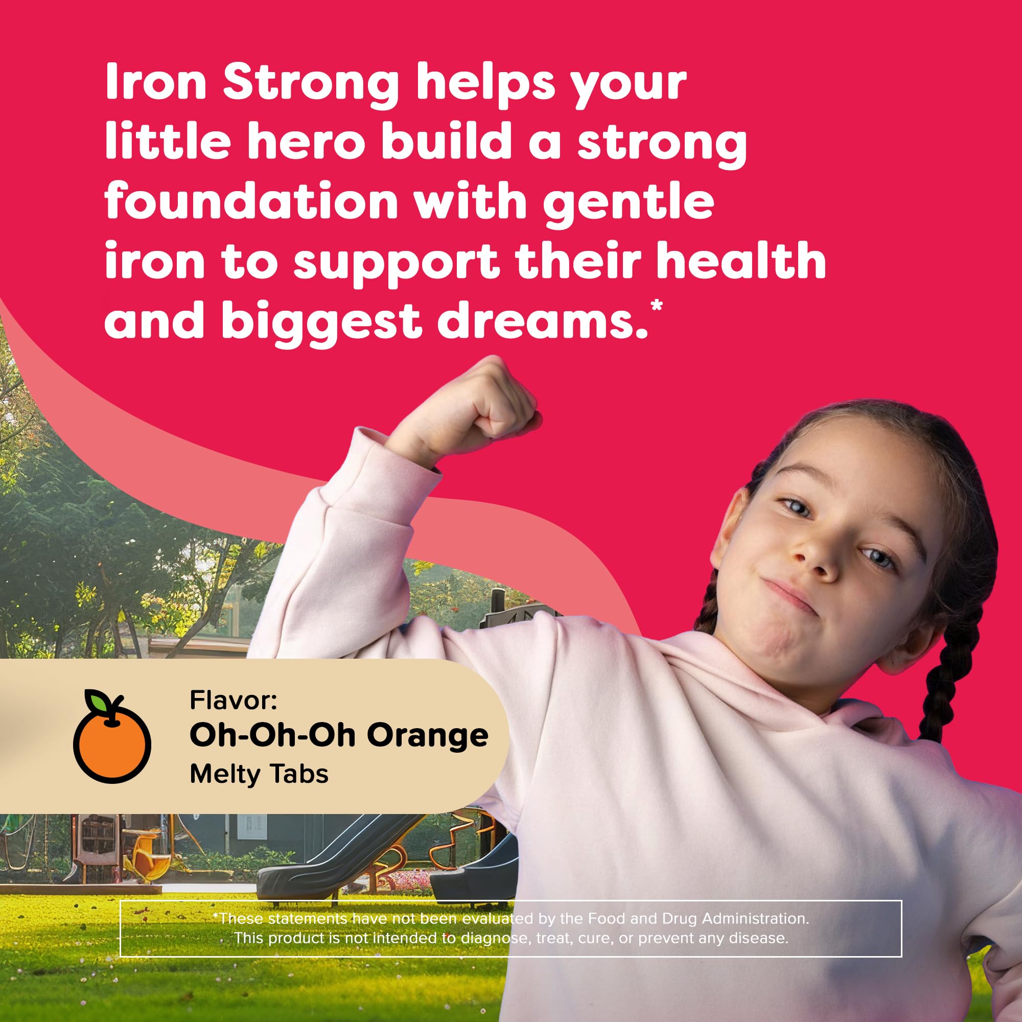 Renzo's orange-flavor melts tablets shown for kids' iron supplement