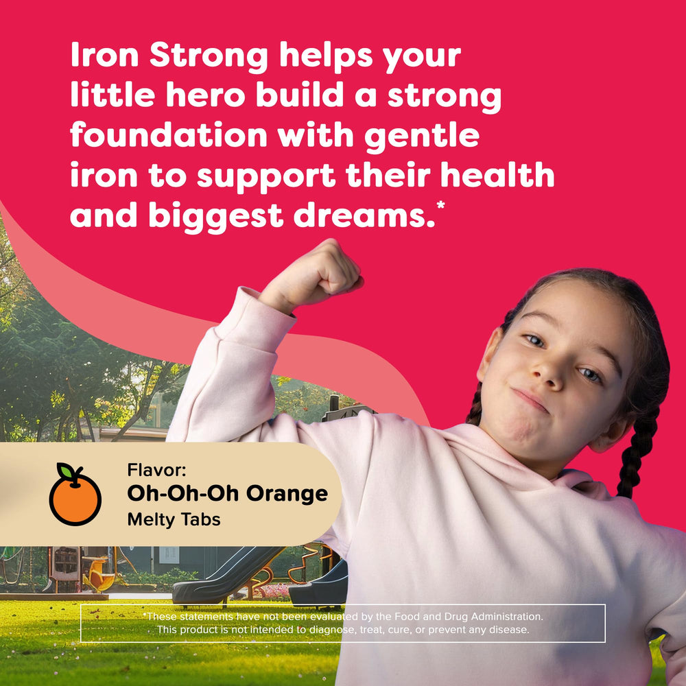 Renzo's orange-flavor melts tablets shown for kids' iron supplement