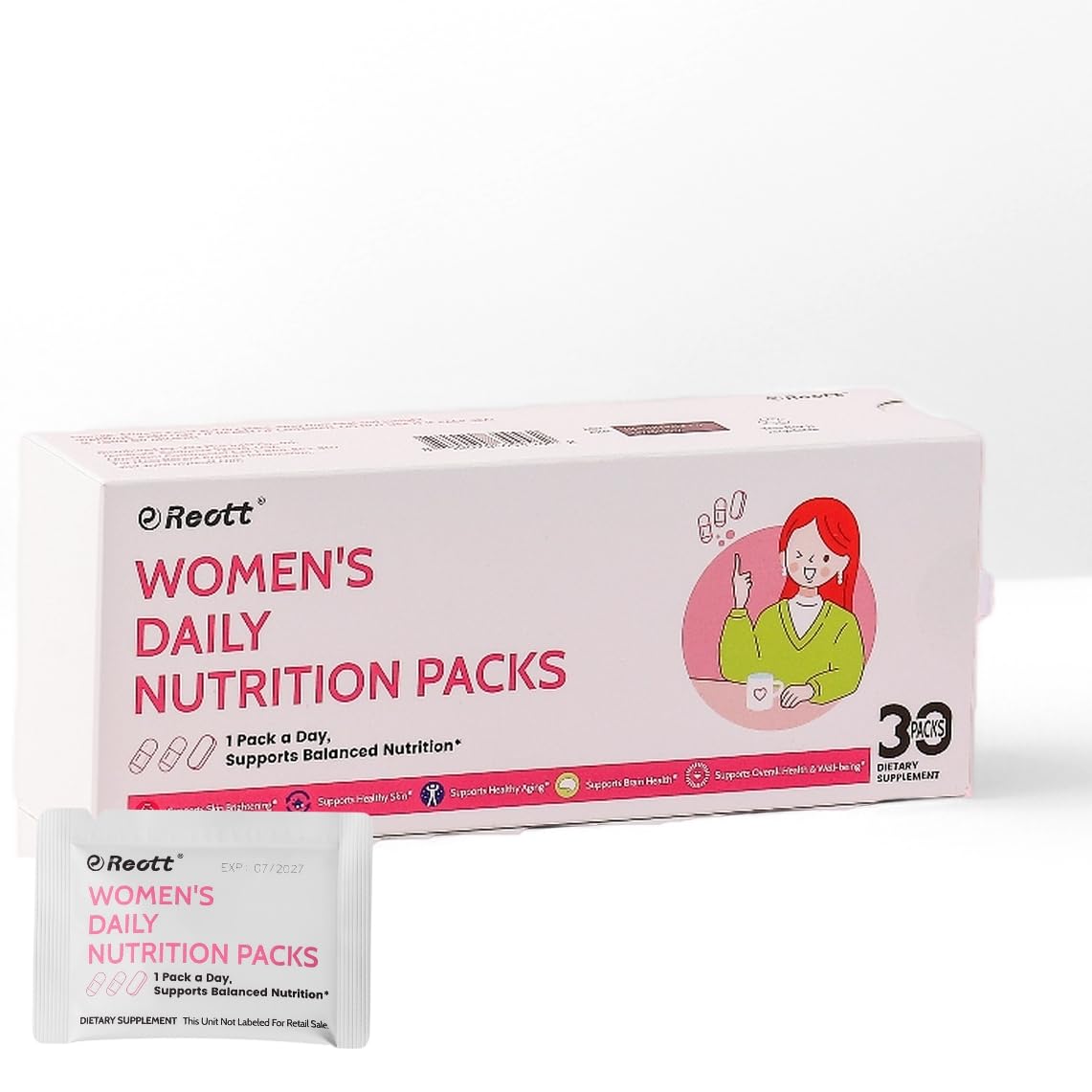 REOTT Women's Daily Vitamin Packs bottle showing convenient daily skin and immunity support.