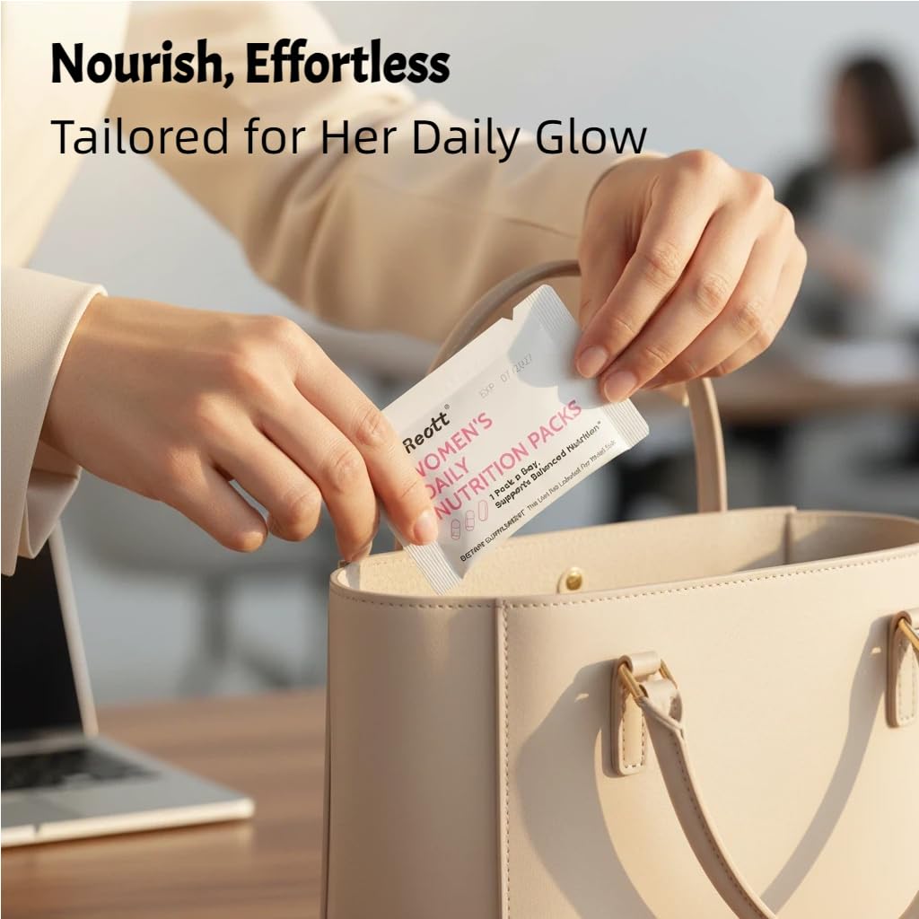 REOTT Women's Daily Vitamin Packs capsule close-up with collagen peptides for skin support.