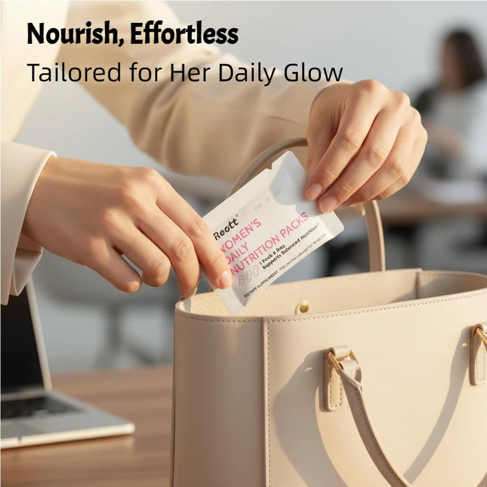 REOTT Women's Daily Vitamin Packs capsule close-up with collagen peptides for skin support.