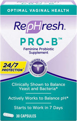 Rephresh Pro-B bottle on a bathroom shelf for daily vaginal balance support