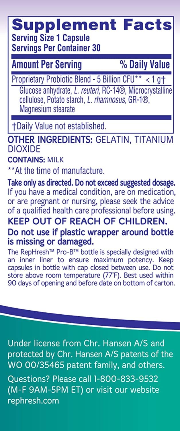 Close-up of Rephresh Pro-B capsules showing smooth, easy-to-swallow form