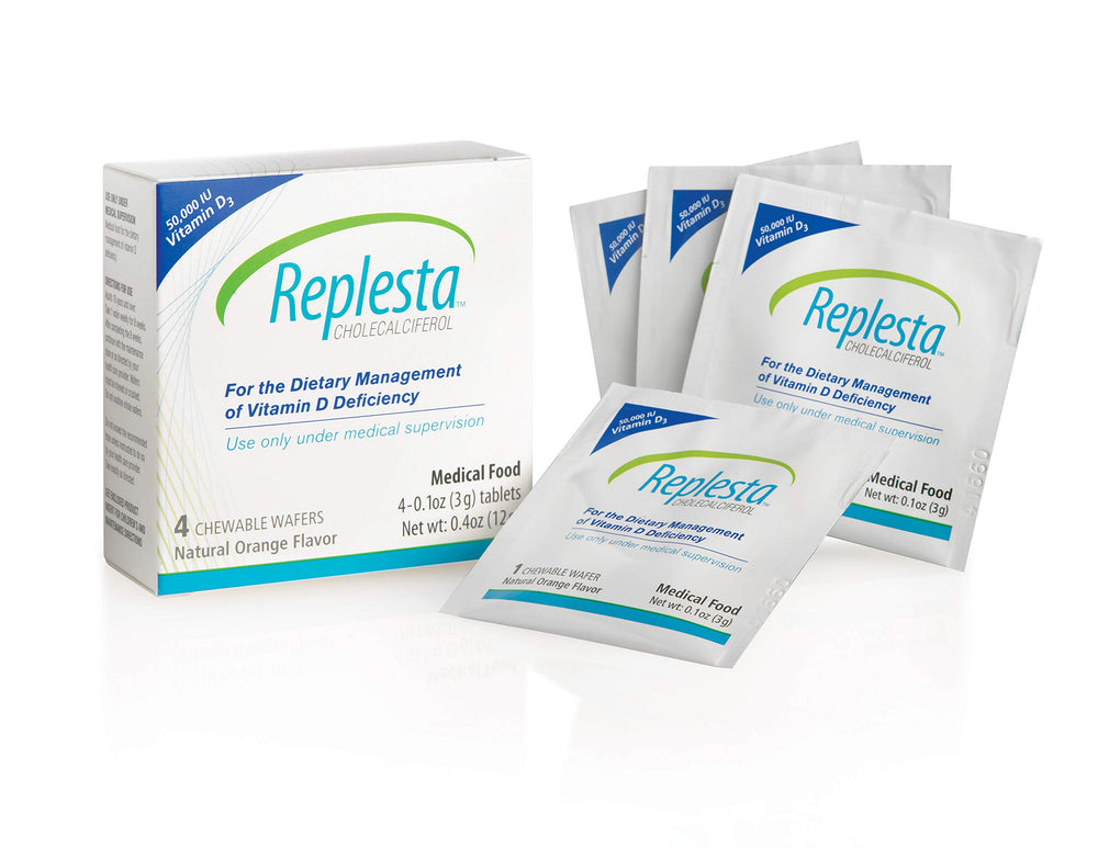 Replesta 50,000 IU D3 chewable wafer bottle supports weekly vitamin D intake.