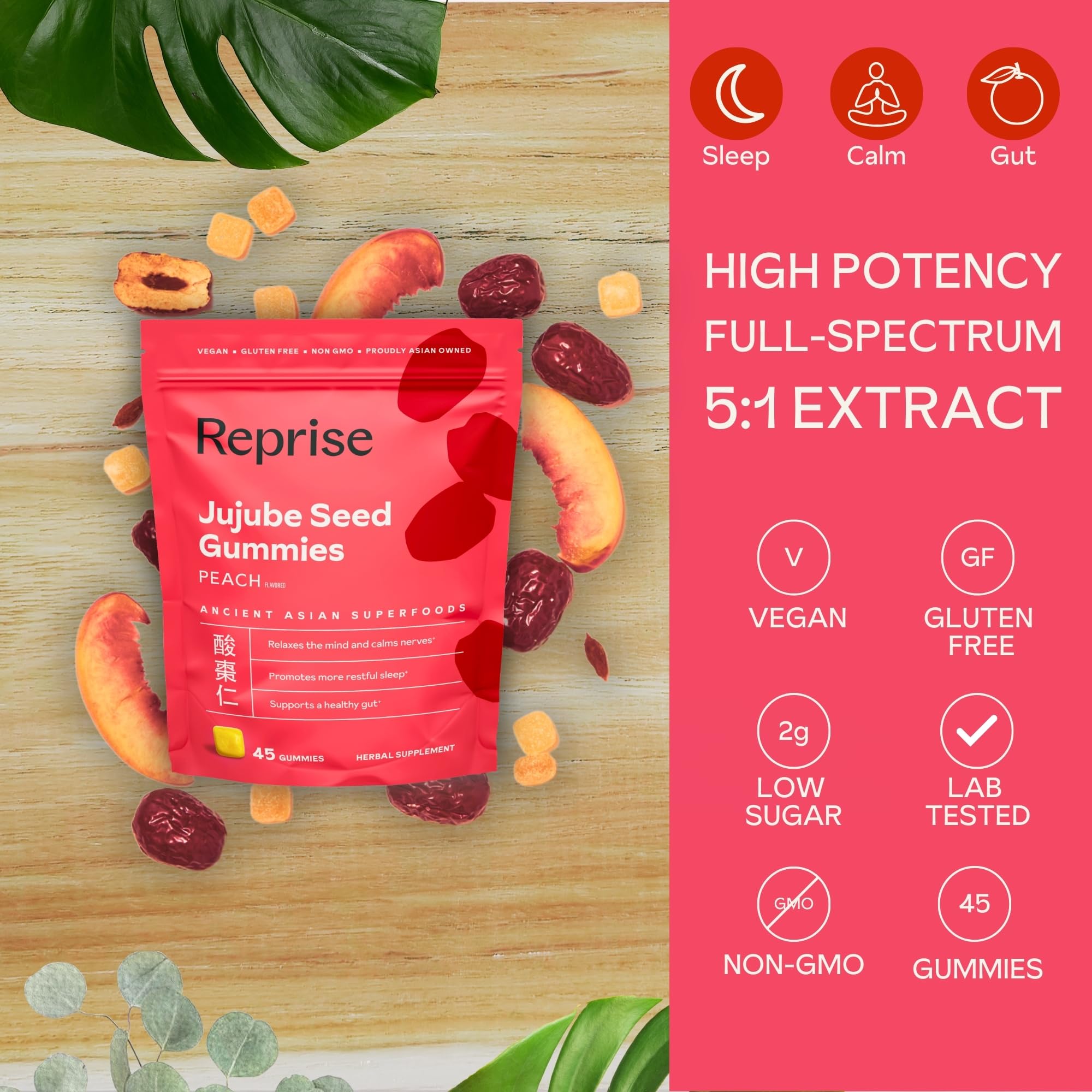 Reprise Jujube Seed Gummies closeup highlights chewy texture and peach taste.