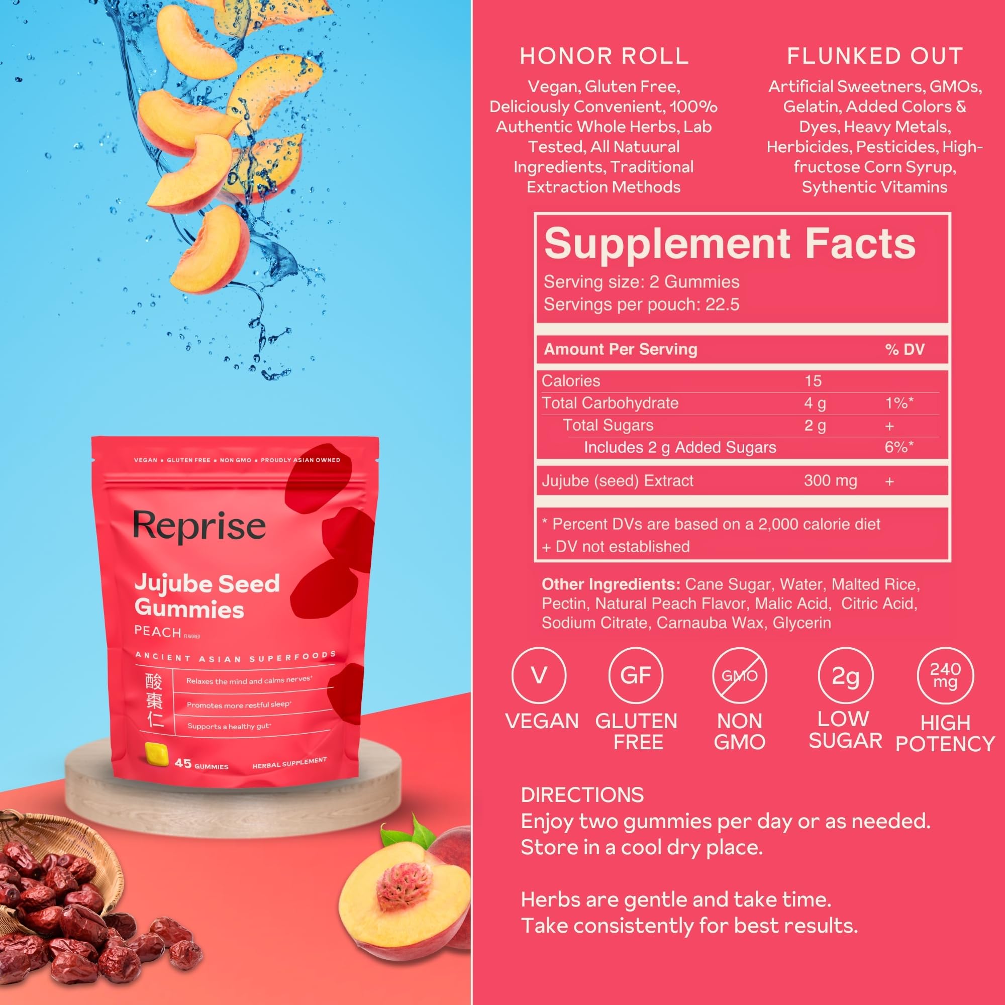 Reprise Jujube Seed Gummies ingredients panel focuses on whole jujube seeds and natural colorants.