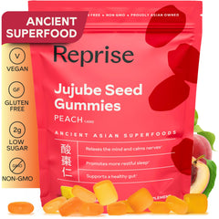 Reprise Jujube Seed Gummies pack shot shows a calming peach-flavored evening ritual.