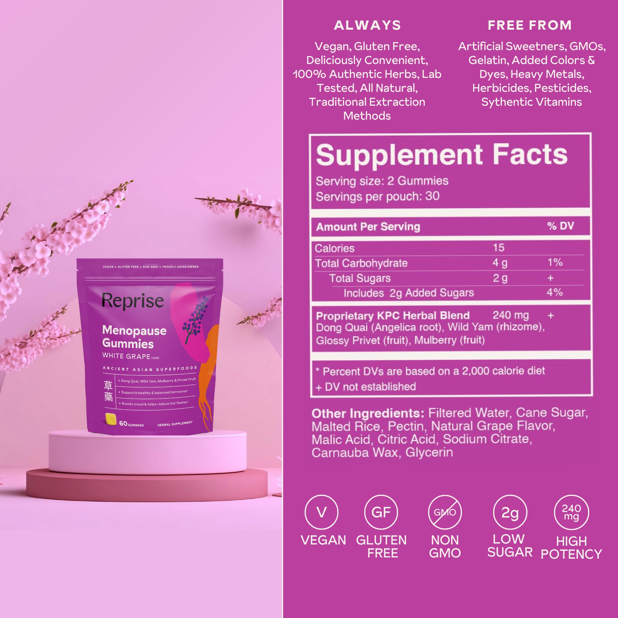 Reprise Menopause Gummies nutrition label noting sugar content and vegan, gluten-free formula