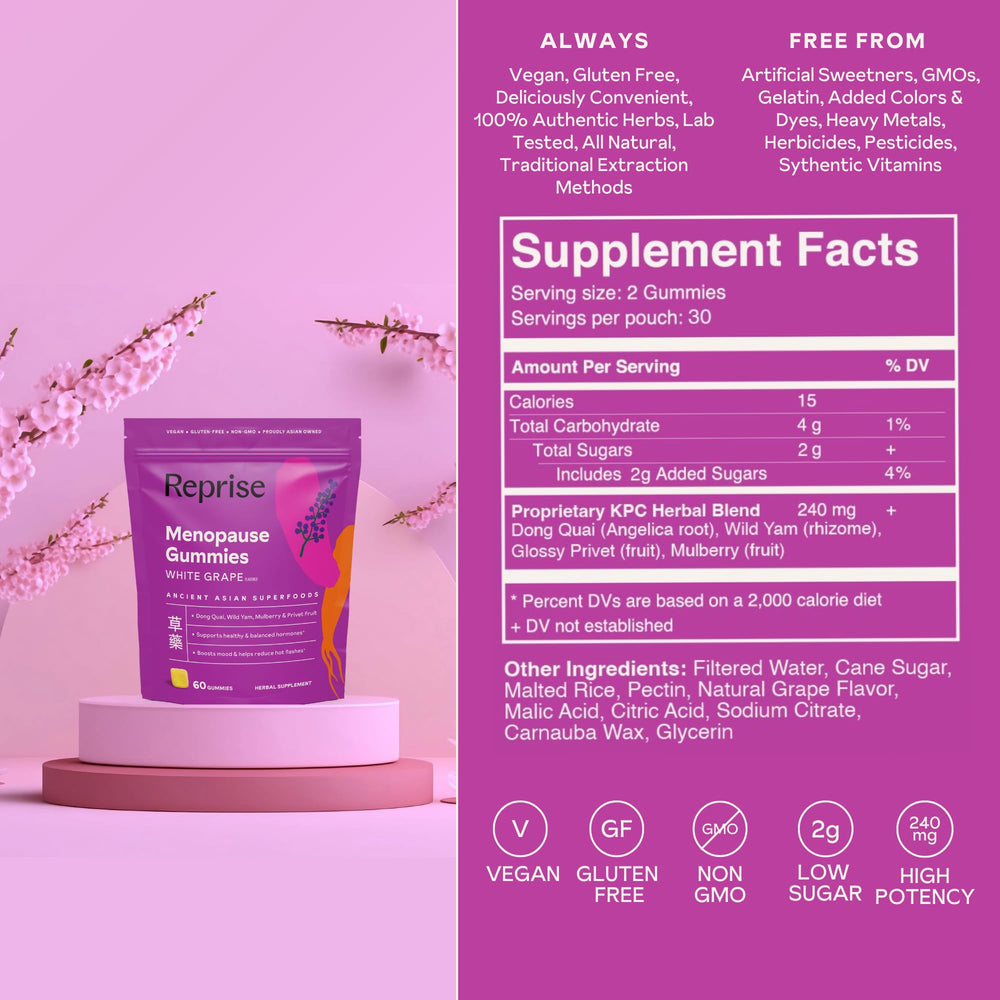 Reprise Menopause Gummies nutrition label noting sugar content and vegan, gluten-free formula