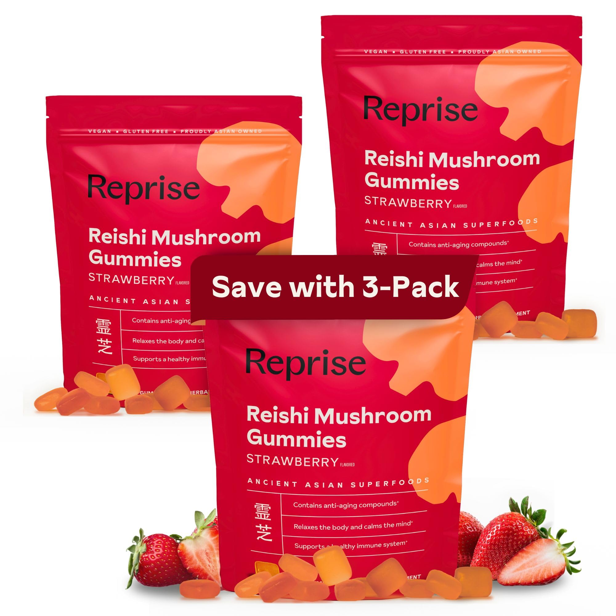 Reprise Reishi gummies bottle shows strawberry flavor for daily use.