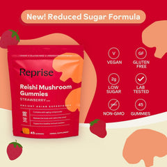 Reprise Reishi gummies beside a nutrition label indicating transparency and quality.