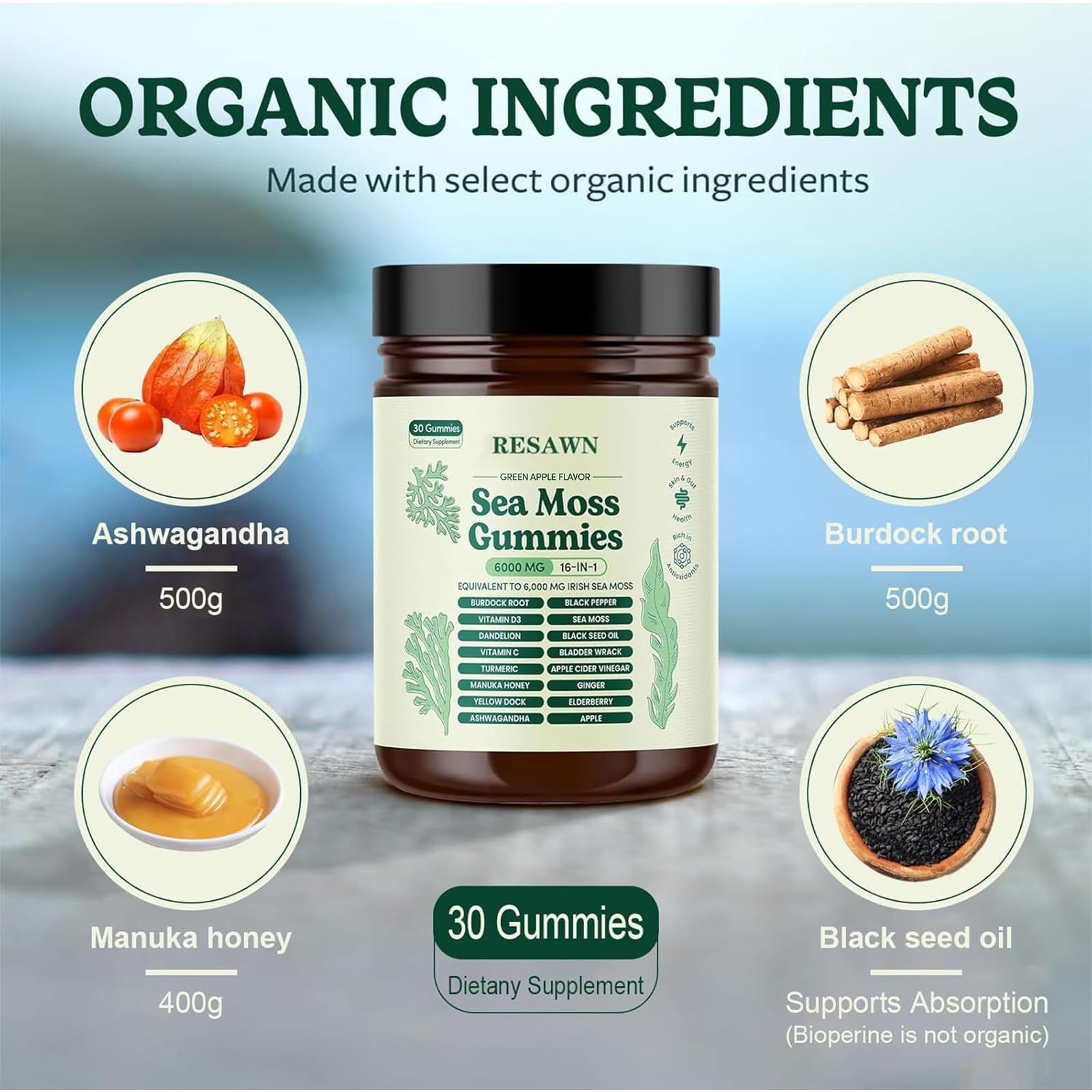 RESAWN Sea Moss Gummies bottle pour demonstrates easy daily intake.