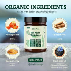 RESAWN Sea Moss Gummies bottle pour demonstrates easy daily intake.