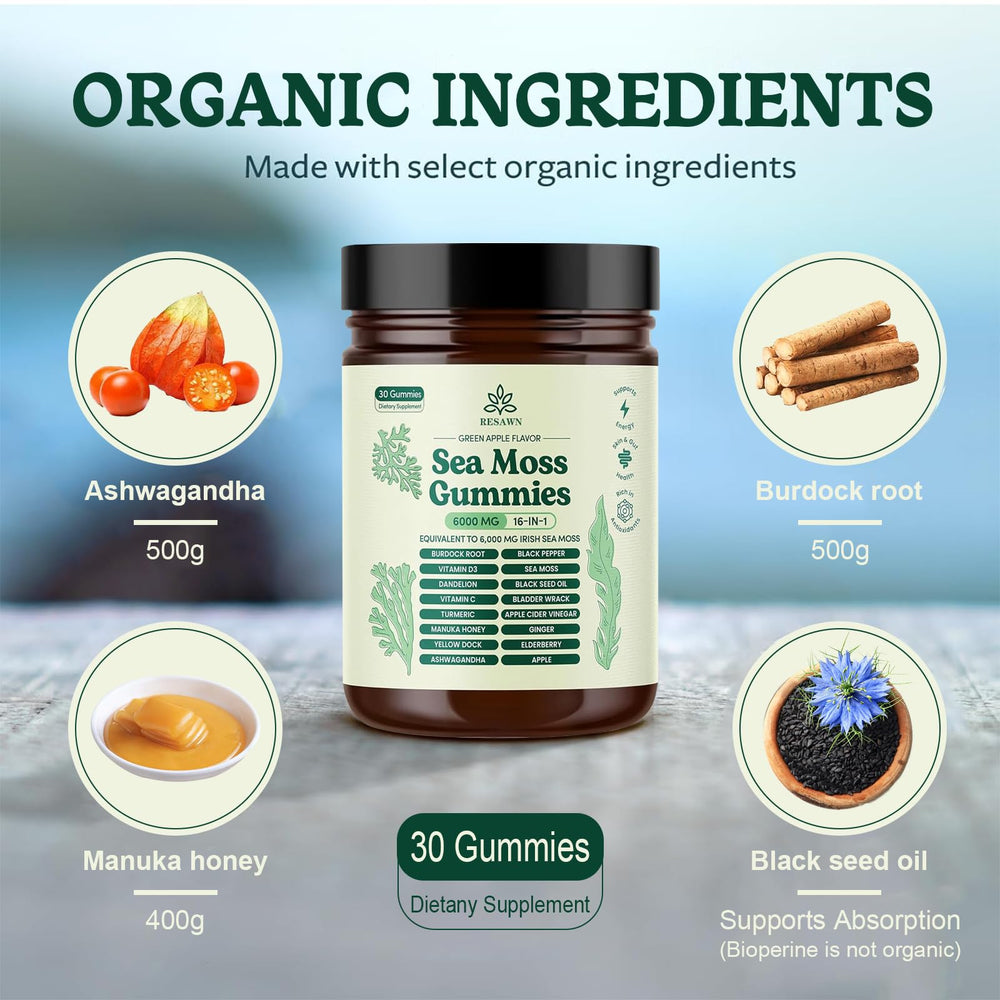 RESAWN Sea Moss Gummies pack-front shows portable daily wellness option