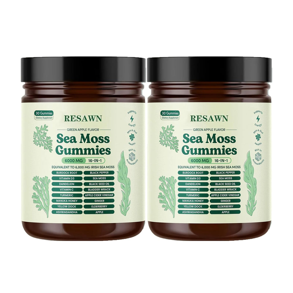 RESAWN Sea Moss Gummies pack shot highlights convenient daily wellness.