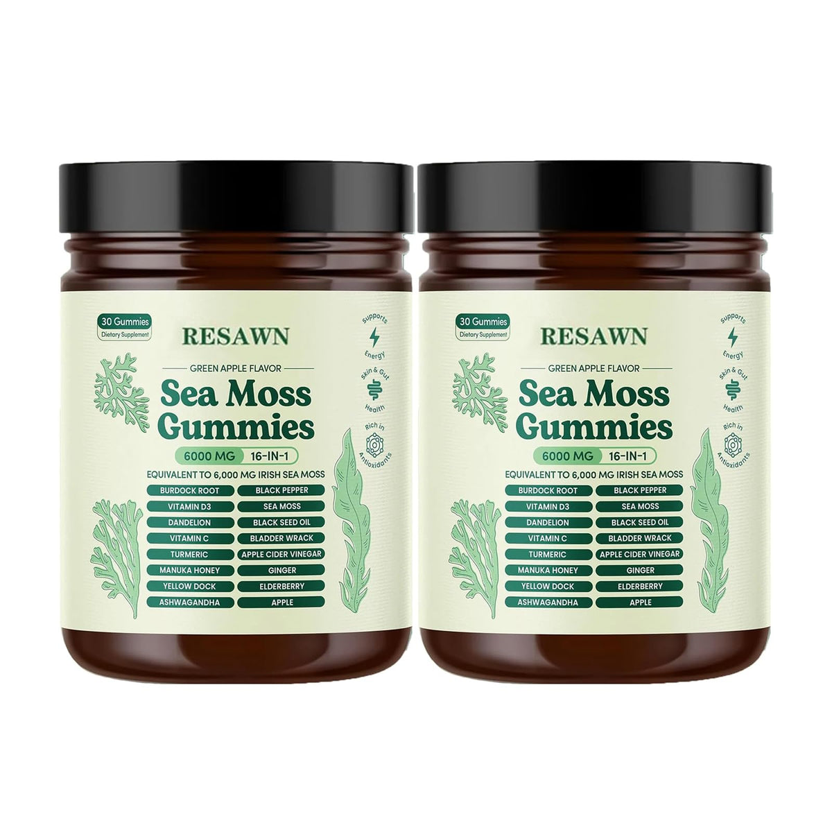 RESAWN Sea Moss Gummies pack shot highlights convenient daily wellness.