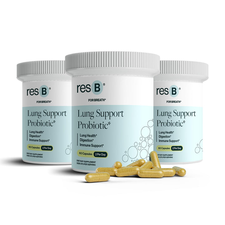 ResBiotic resB Lung bottle front highlighting probiotic blend for lung support.
