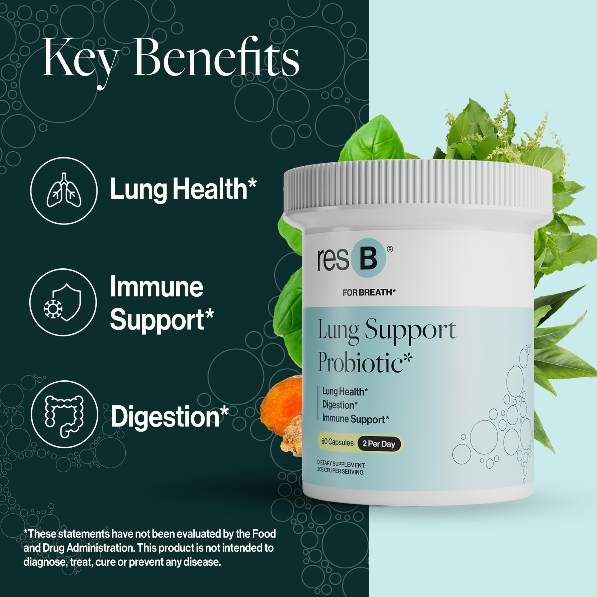 ResBiotic resB turmeric and holy basil visuals highlight botanicals