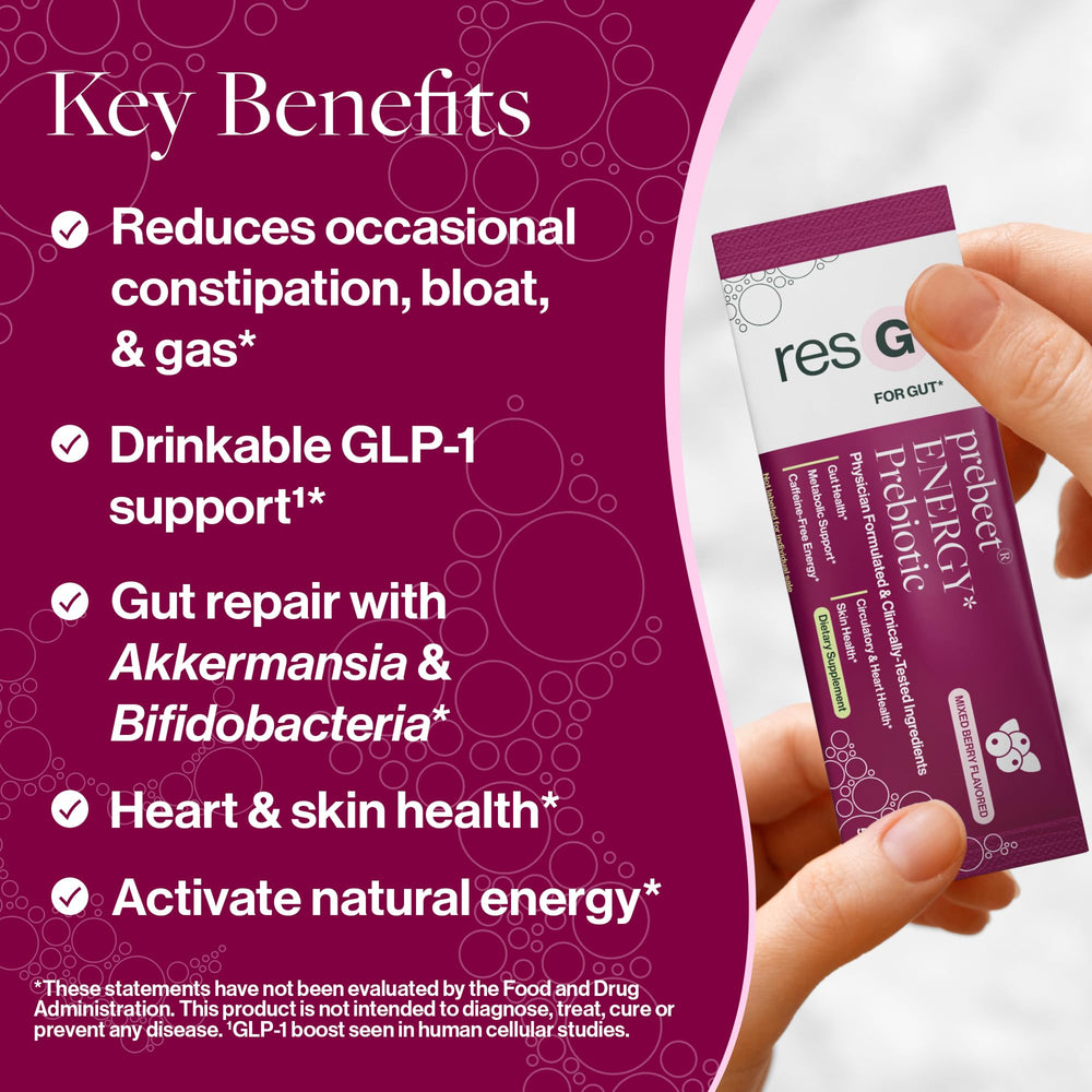 ResBiotic resG prebeet beet powder highlights natural energy support.