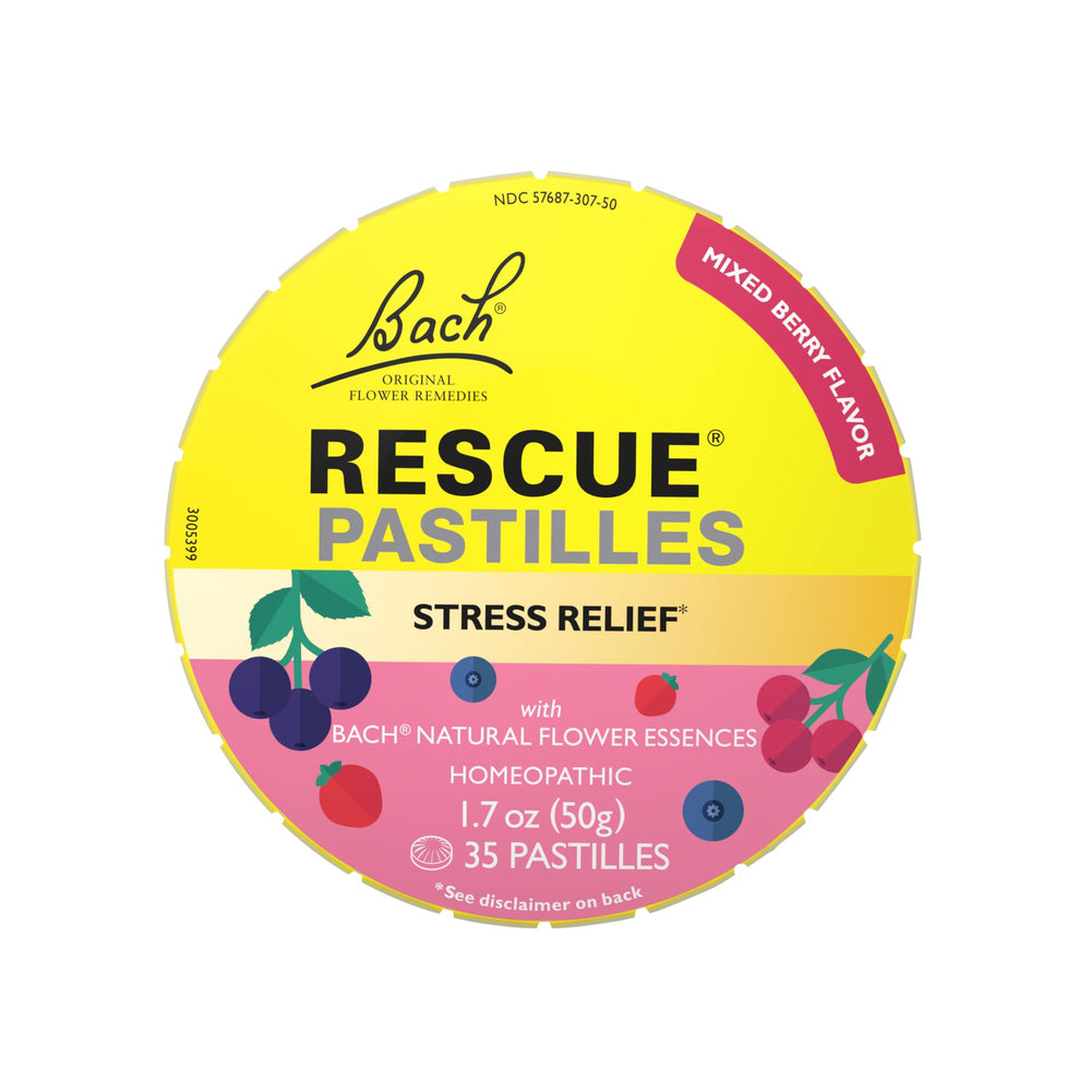 RESCUE Bach Pastilles sabor frambuesa-arándano para consumo en cualquier lugar.