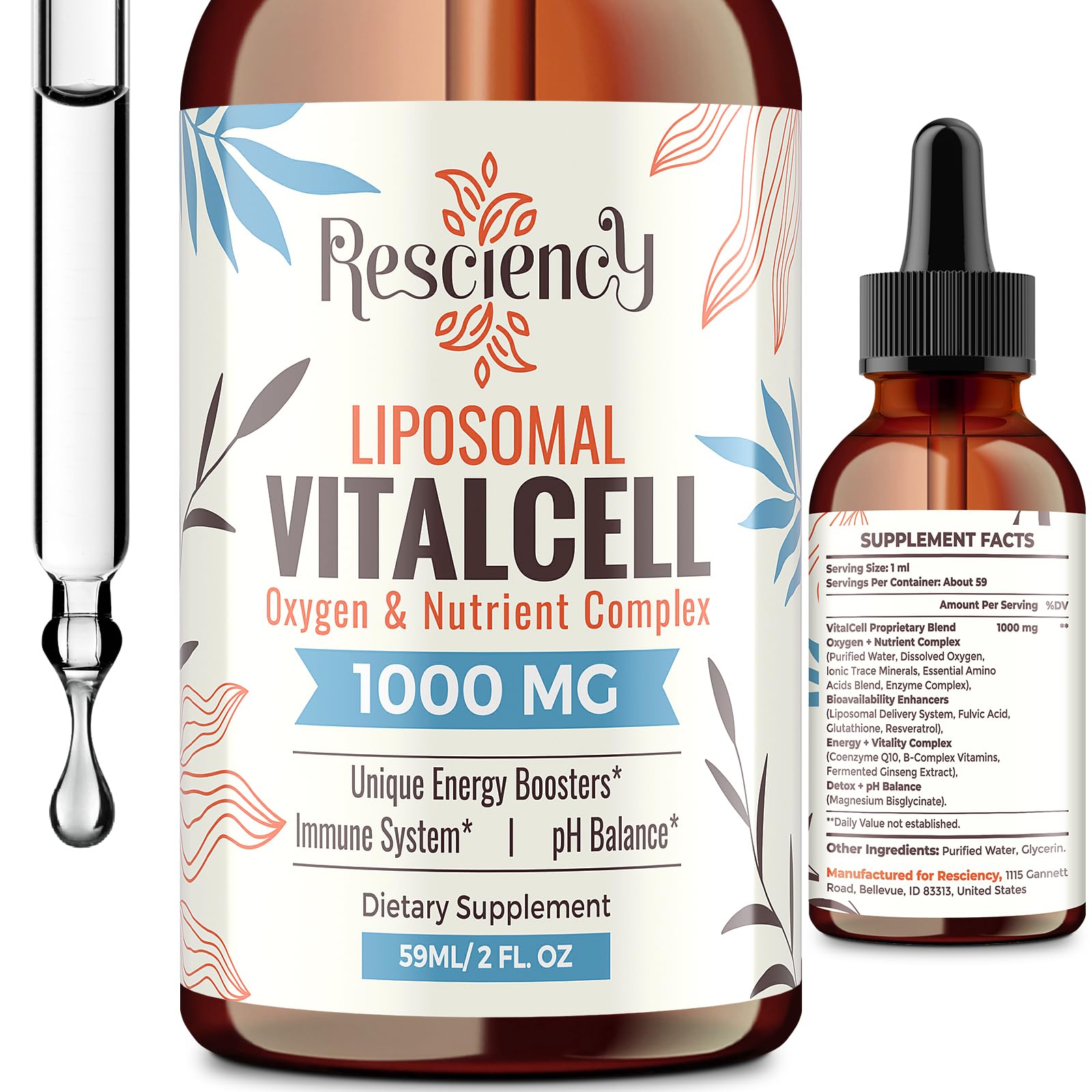 Resciency 13-in-1 liquid oxygen drops bottle showing liposomal delivery for smoother uptake.