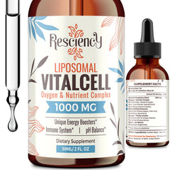 Resciency 13-in-1 liquid oxygen drops bottle showing liposomal delivery for smoother uptake.