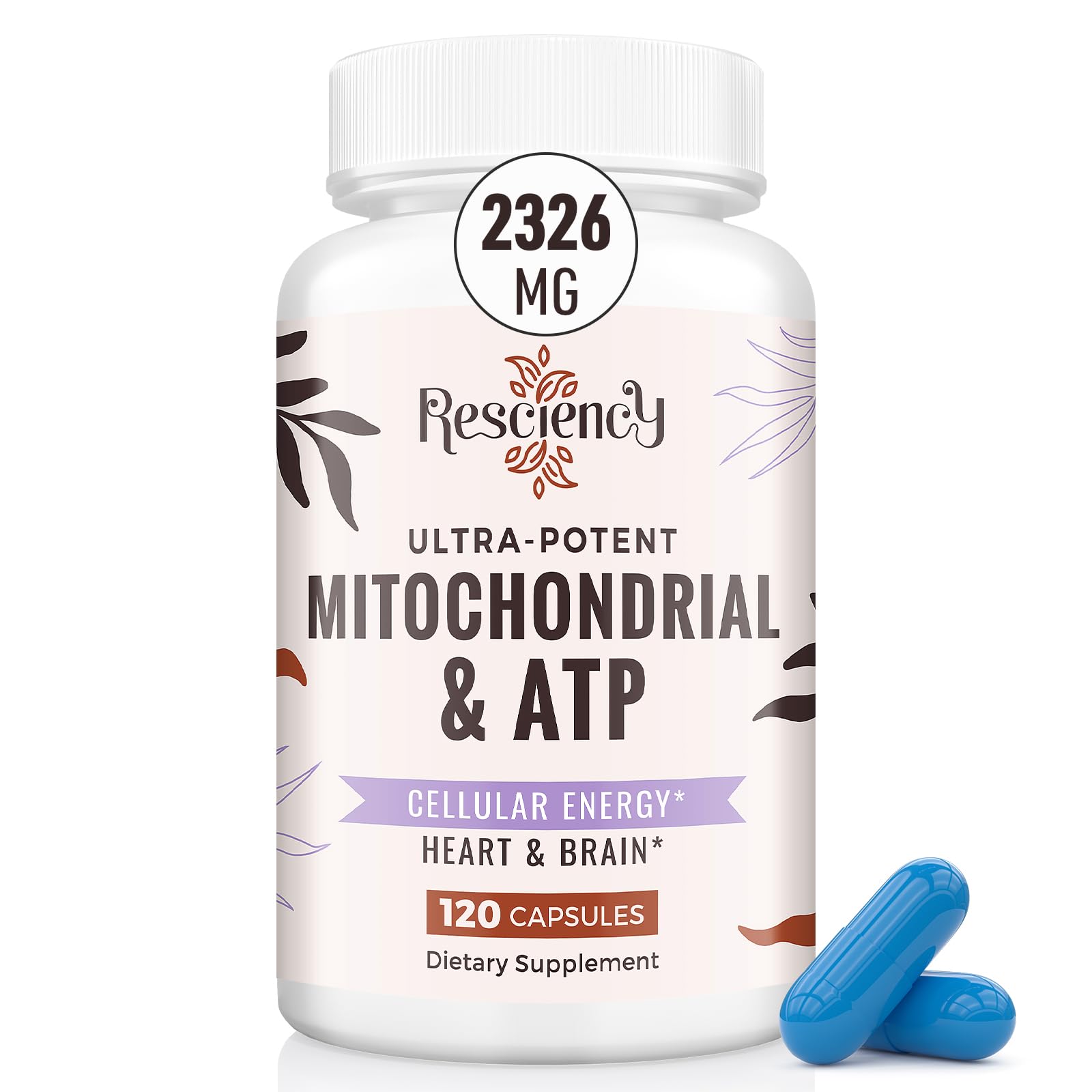Resciency 2326mg mitochondrial supplement bottle showing energy-support formula