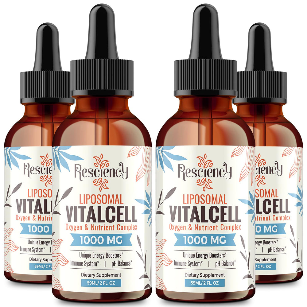 Resciency bottle pour shows easy-to-use liquid oxygen drops for daily wellness.
