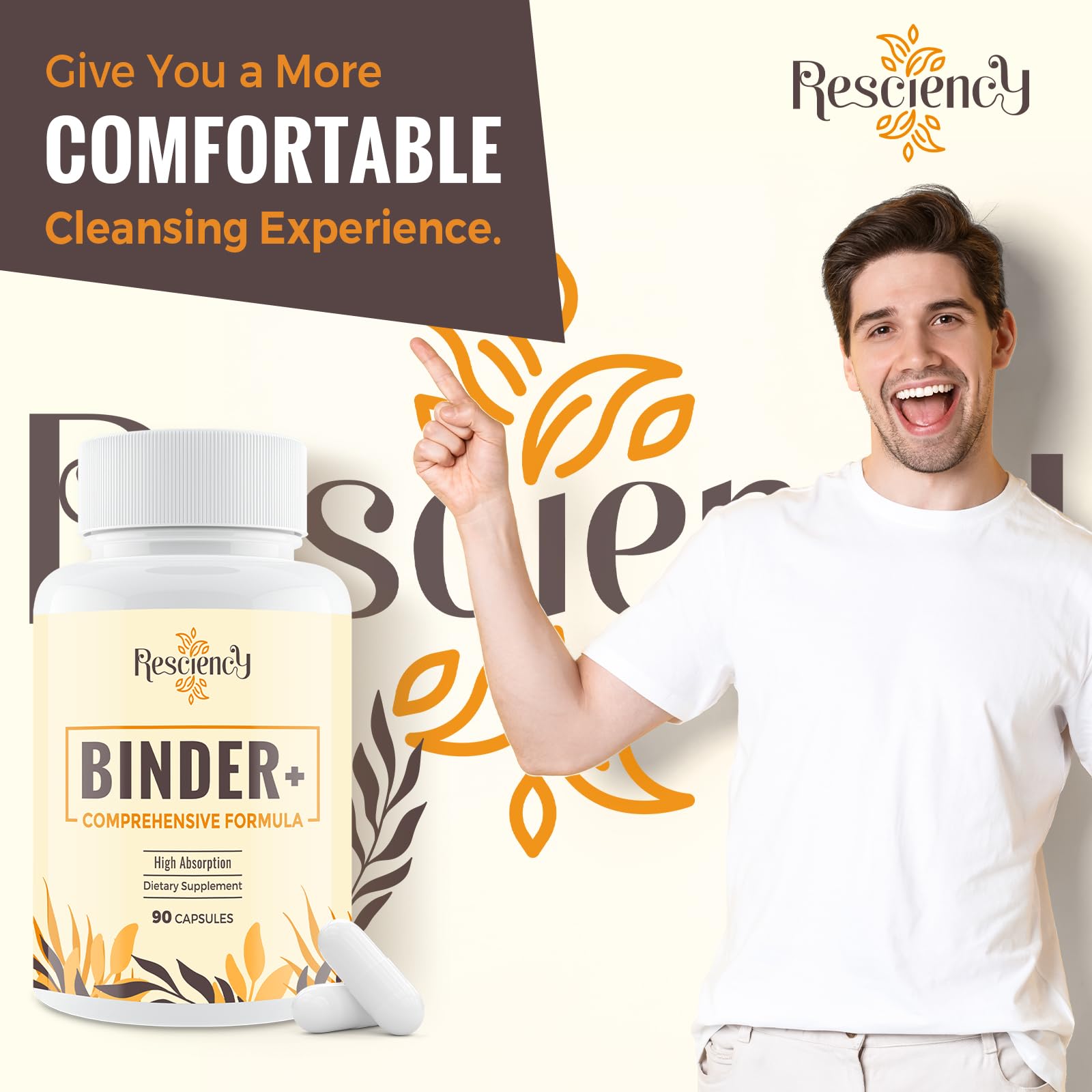 Resciency Detox Binder packaging with clear capsules, easy daily dosing.