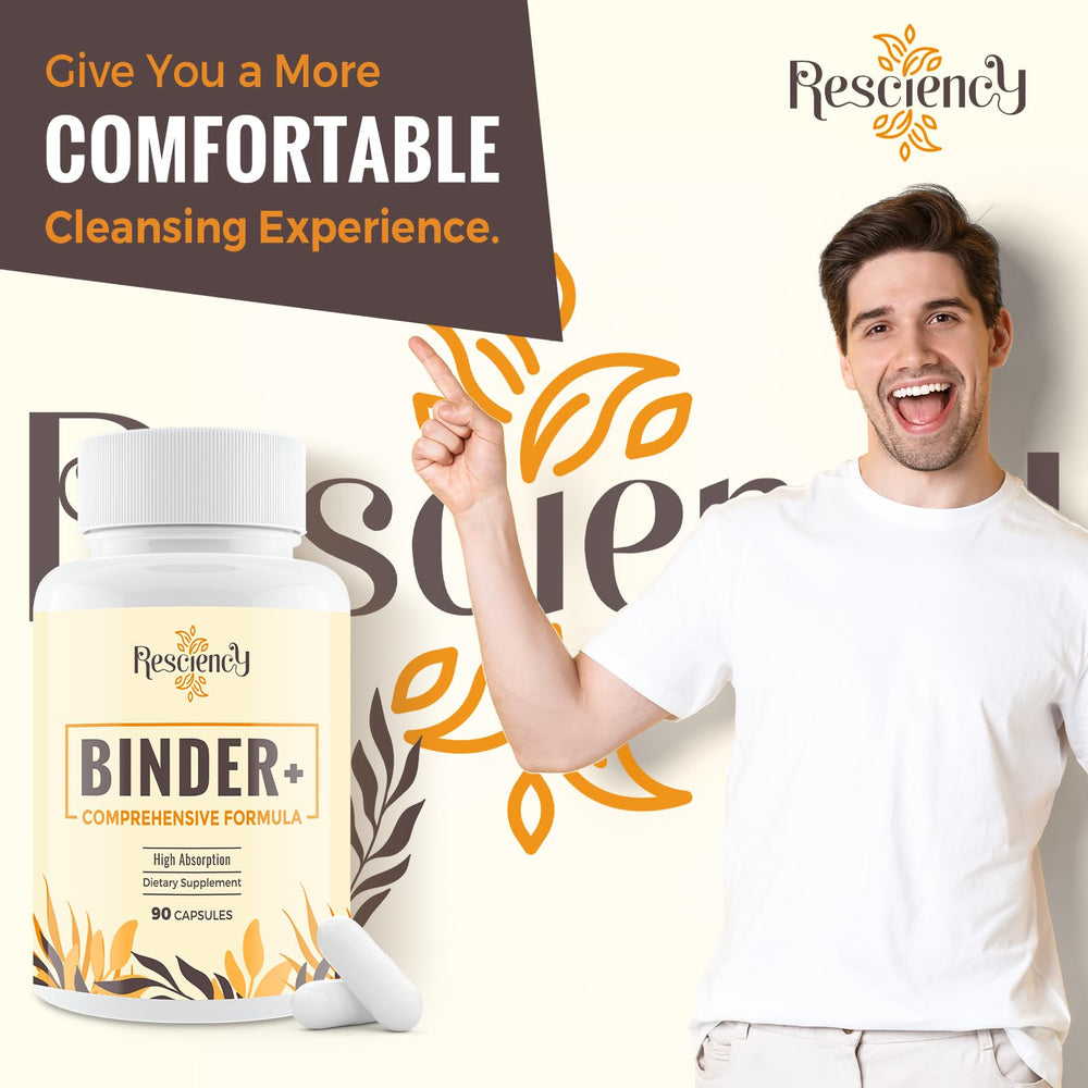 Resciency Detox Binder packaging with clear capsules, easy daily dosing.