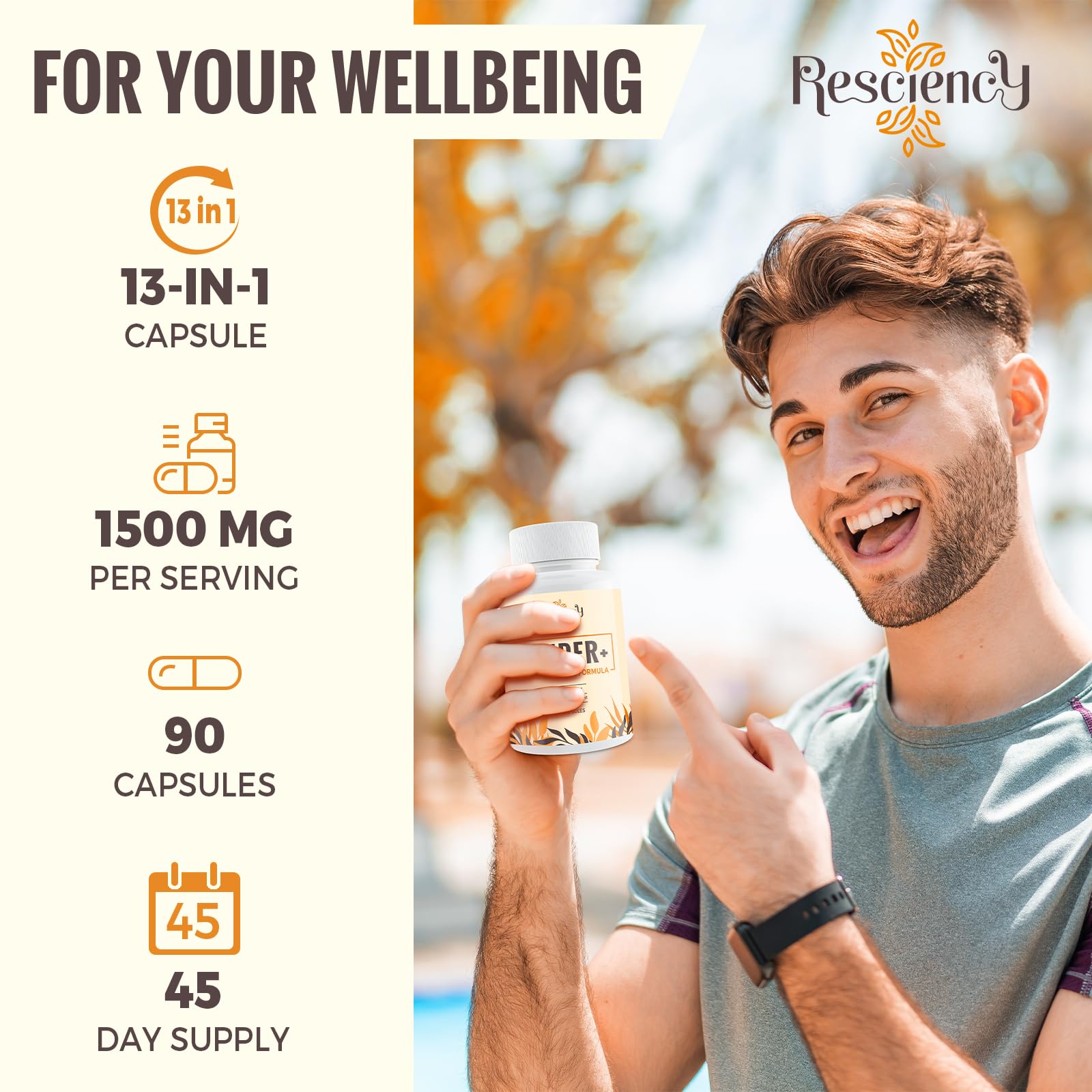Resciency Detox Binder prebiotic-probiotic capsules, showing daily gut-friendly use.