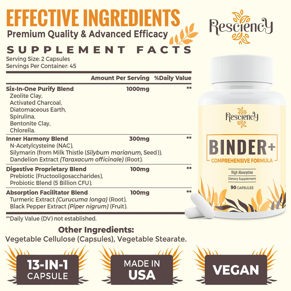Resciency Detox Binder with zeolite clay on the bottle, promoting gentle balance.