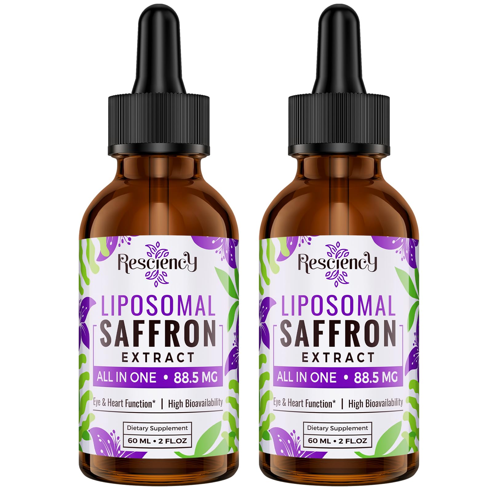 Resciency liposomal saffron drops bottle showing premium saffron delivery for mood support and focus.