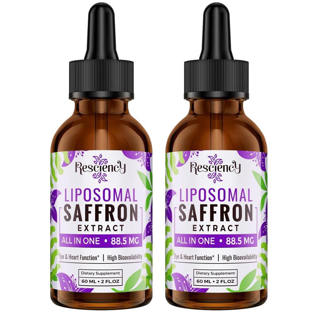 Resciency liposomal saffron drops bottle showing premium saffron delivery for mood support and focus.