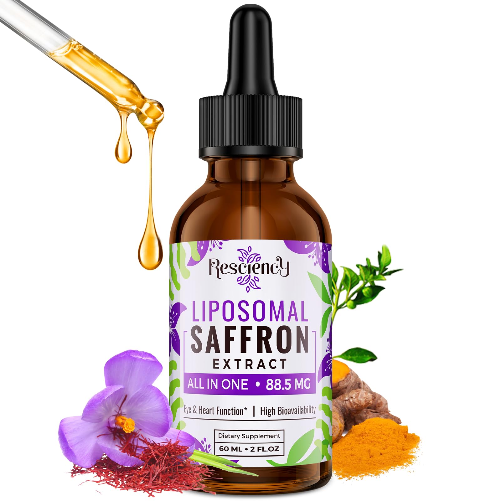 Resciency liposomal saffron drops bottle featuring premium formula for daily mood support and energy