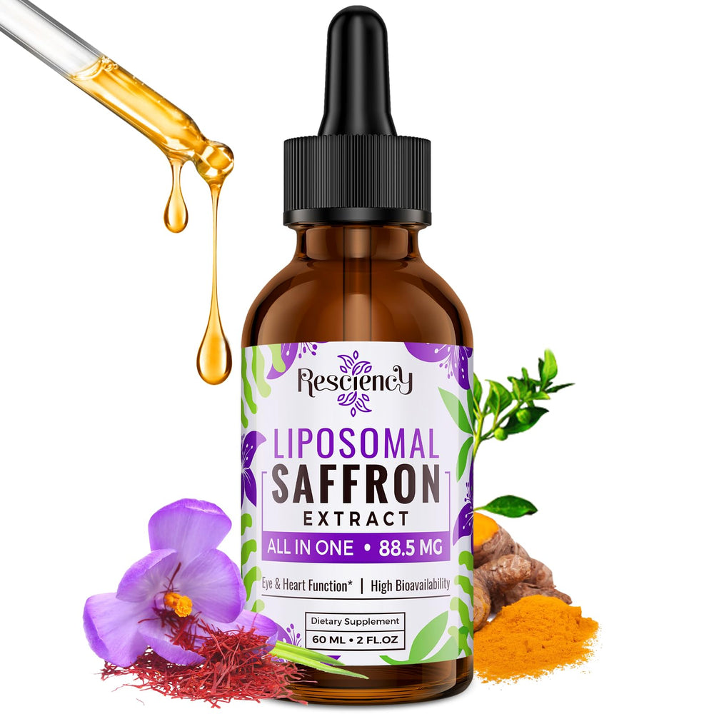 Resciency liposomal saffron drops bottle featuring premium formula for daily mood support and energy